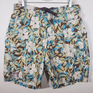 Body Glove Board Shorts Sz M Tropical Hawaiian Swim Brown Blue Tan